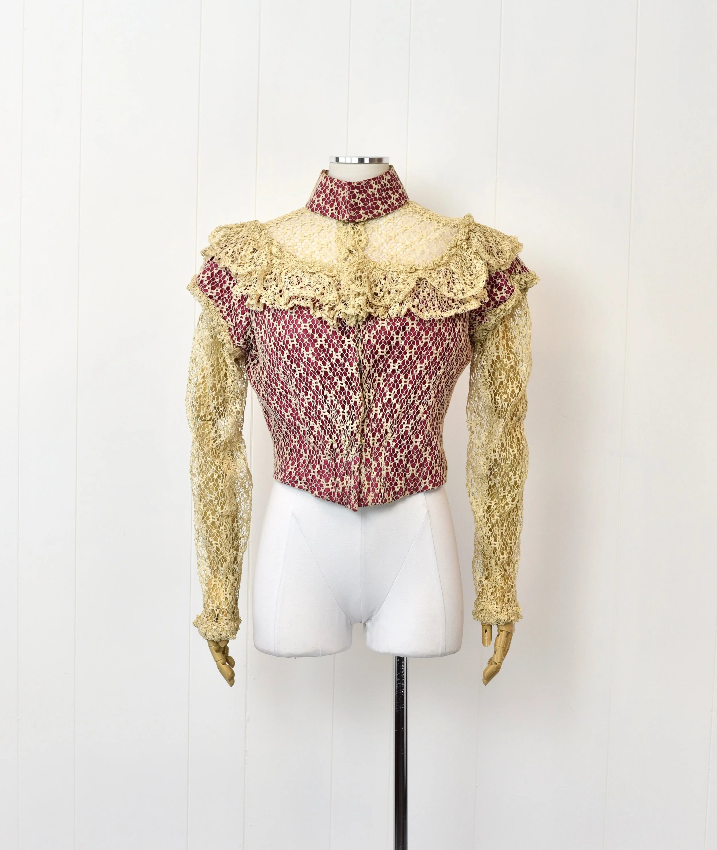 RARE Antique 1800s Raspberry Crochet Lace Corset Blouse Two Piece